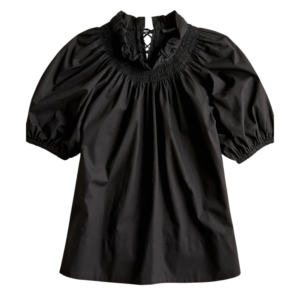 J.Crew NWT Smocked Neck Puff Sleeve Cotton Poplin Top Black BB262 Women XS